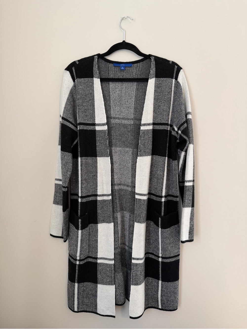 Apt. 9 Black and White Plaid Open-Front Long Cardigan